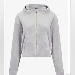Express Womens velour hoodie L pale grey pockets straight hem chic zip-up NWT